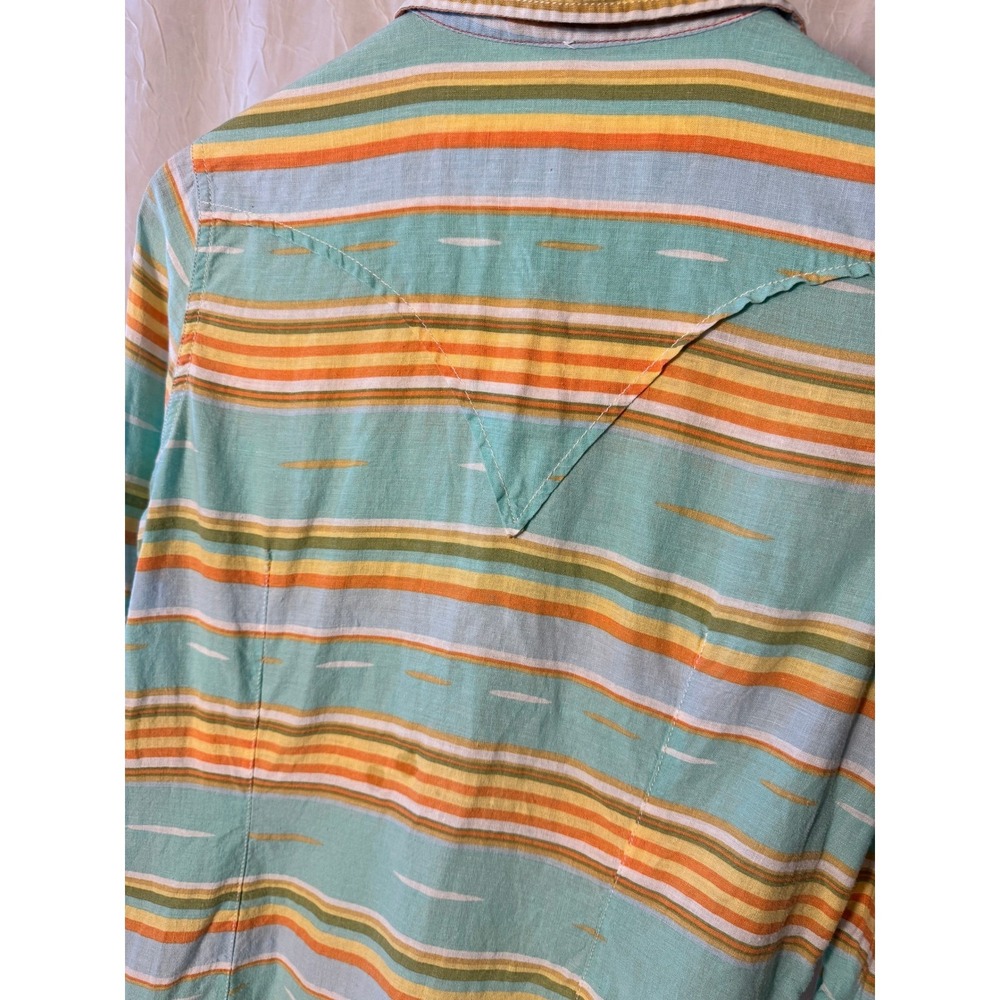 Ryan Michael Western Snap Shirt Womens M Teal Orange Stripe Linen Blend - Picture 10 of 10